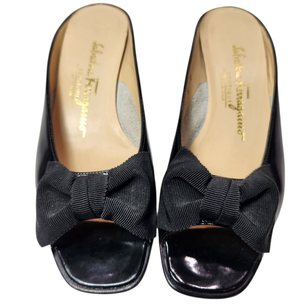 Salvatore Ferragamo Black Patent Leather Bow Mules